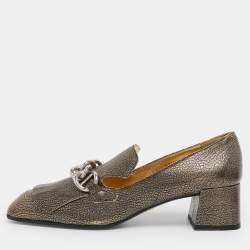 Pre Owned Prada Gold Metalic Leather Fringe Chain Detail Moccasins Size 38