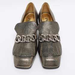 Pre Owned Prada Gold Metalic Leather Fringe Chain Detail Moccasins Size 38