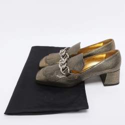 Pre Owned Prada Gold Metalic Leather Fringe Chain Detail Moccasins Size 38