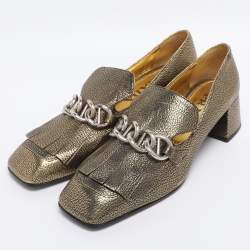 Pre Owned Prada Gold Metalic Leather Fringe Chain Detail Moccasins Size 38
