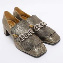 Pre Owned Prada Gold Metalic Leather Fringe Chain Detail Moccasins Size 38