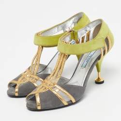 Pre Owned Prada Green/Grey Suede and Leather T Strap Pumps Size 37