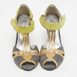 Pre Owned Prada Green/Grey Suede and Leather T Strap Pumps Size 37