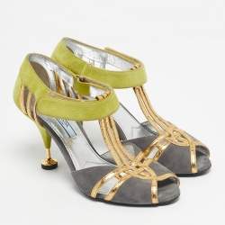 Pre Owned Prada Green/Grey Suede and Leather T Strap Pumps Size 37