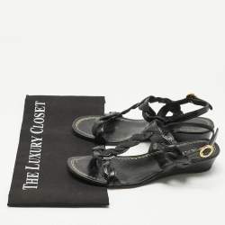 Pre Owned Prada Black Patent Leather Wedge Ankle Strap Sandals Size 37