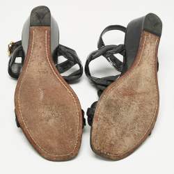 Pre Owned Prada Black Patent Leather Wedge Ankle Strap Sandals Size 37