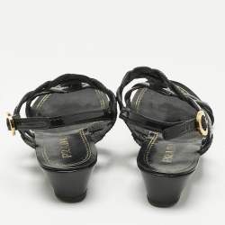 Pre Owned Prada Black Patent Leather Wedge Ankle Strap Sandals Size 37