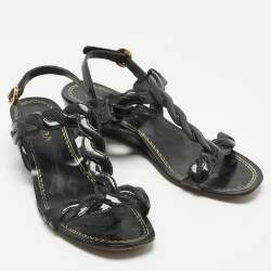 Pre Owned Prada Black Patent Leather Wedge Ankle Strap Sandals Size 37