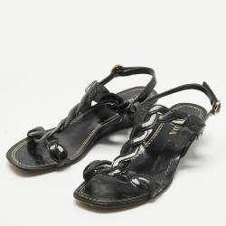 Pre Owned Prada Black Patent Leather Wedge Ankle Strap Sandals Size 37