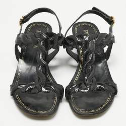 Pre Owned Prada Black Patent Leather Wedge Ankle Strap Sandals Size 37