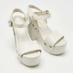 Pre Owned Prada White Leather Ankle Strap Platform Sandals Size 35.5