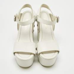 Pre Owned Prada White Leather Ankle Strap Platform Sandals Size 35.5