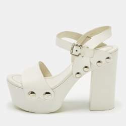 Pre Owned Prada White Leather Ankle Strap Platform Sandals Size 35.5