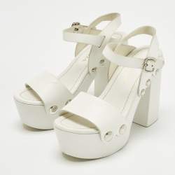 Pre Owned Prada White Leather Ankle Strap Platform Sandals Size 35.5