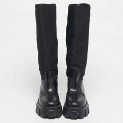 Pre Owned Prada Black Nylon and Patent Leather Monolith Knee Length Boots Size 38