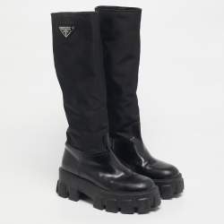 Pre Owned Prada Black Nylon and Patent Leather Monolith Knee Length Boots Size 38