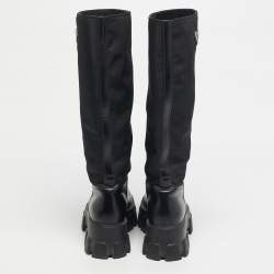 Pre Owned Prada Black Nylon and Patent Leather Monolith Knee Length Boots Size 38