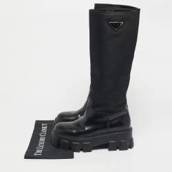 Pre Owned Prada Black Nylon and Patent Leather Monolith Knee Length Boots Size 38