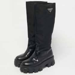 Pre Owned Prada Black Nylon and Patent Leather Monolith Knee Length Boots Size 38