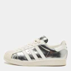 Pre Owned Prada X Adidas Silver/White Leather Superstar Lace Up Sneakers Size 39.5