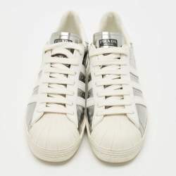 Pre Owned حذاء رياضي برادا × أديداس جلد فضي / أبيض برباط مقاس 39.5