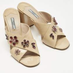 Pre Owned Prada Beige Patent Leather Crisscross Crystals Embellished Slide Sandals Size 41