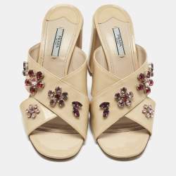 Pre Owned Prada Beige Patent Leather Crisscross Crystals Embellished Slide Sandals Size 41