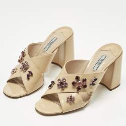 Pre Owned Prada Beige Patent Leather Crisscross Crystals Embellished Slide Sandals Size 41