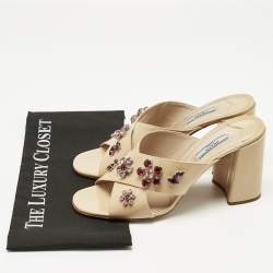 Pre Owned Prada Beige Patent Leather Crisscross Crystals Embellished Slide Sandals Size 41