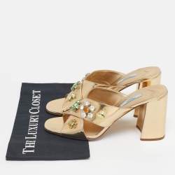Pre Owned Prada Gold Patent Leather Crisscross Embellished Sandals Size 41