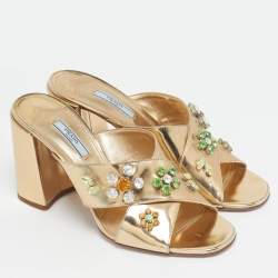 Pre Owned Prada Gold Patent Leather Crisscross Embellished Sandals Size 41