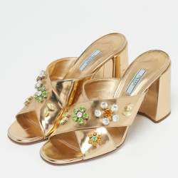 Pre Owned Prada Gold Patent Leather Crisscross Embellished Sandals Size 41