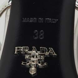 Pre Owned Prada Transparent/Silver Leather and Logo Print PVC Plexiglass Slide Sandals Size 38