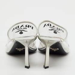 Pre Owned Prada Transparent/Silver Leather and Logo Print PVC Plexiglass Slide Sandals Size 38