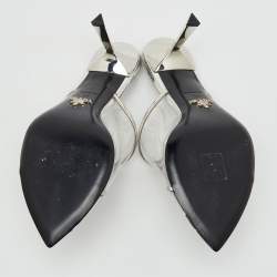 Pre Owned Prada Transparent/Silver Leather and Logo Print PVC Plexiglass Slide Sandals Size 38