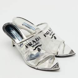 Pre Owned Prada Transparent/Silver Leather and Logo Print PVC Plexiglass Slide Sandals Size 38