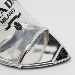 Pre Owned Prada Transparent/Silver Leather and Logo Print PVC Plexiglass Slide Sandals Size 38
