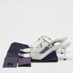 Pre Owned Prada Transparent/Silver Leather and Logo Print PVC Plexiglass Slide Sandals Size 38