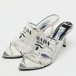 Pre Owned Prada Transparent/Silver Leather and Logo Print PVC Plexiglass Slide Sandals Size 38