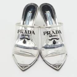 Pre Owned Prada Transparent/Silver Leather and Logo Print PVC Plexiglass Slide Sandals Size 38