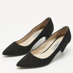 Pre Owned Prada Black Suede Pointed Toe Kitten Heel  Pumps Size 37.5