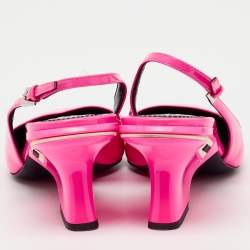 Pre Owned Prada Pink Patent Leather Logo Pointed Toe Wedge Slingback Pumps Size 37.5