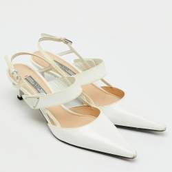 Pre Owned Prada White Leather Logo Pointed Toe Slingback Pumps Size 36
