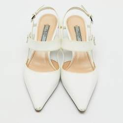 Pre Owned Prada White Leather Logo Pointed Toe Slingback Pumps Size 36