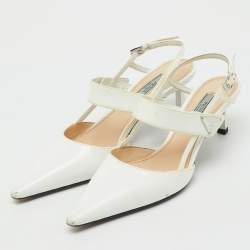 Pre Owned Prada White Leather Logo Pointed Toe Slingback Pumps Size 36