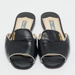Pre Owned Prada Black Saffiano Patent Leather Flat Slide Size 37
