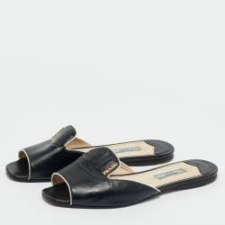 Pre Owned Prada Black Saffiano Patent Leather Flat Slide Size 37