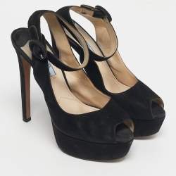 Pre Owned Prada Black Suede Peep Toe Ankle Strap Pumps Size 38