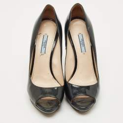 Pre Owned Prada Navy Blue Patent Leather Peep Toe Pumps Size 39.5