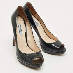 Pre Owned Prada Navy Blue Patent Leather Peep Toe Pumps Size 39.5